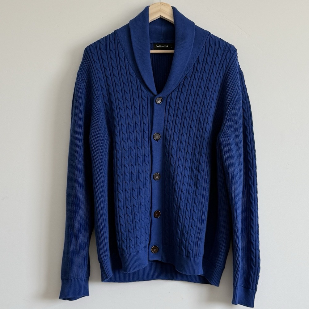 Paul Fredrick Button Front Cardigan Sweater L Shawl Collar Cobalt Blue Grandpa